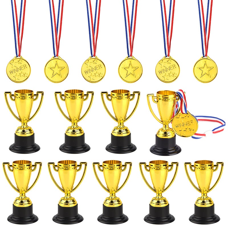 FEPITO 30 Pcs Trophies Medals Set 10Pcs Gold Plastic Trophy Cup and 20Pcs Winner Medals for Kid Party Sports Awards - Image 1